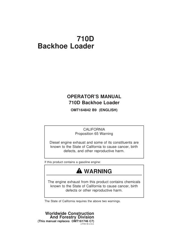 John Deere 710D Backhoes Operator's Manuals (OMT164842)