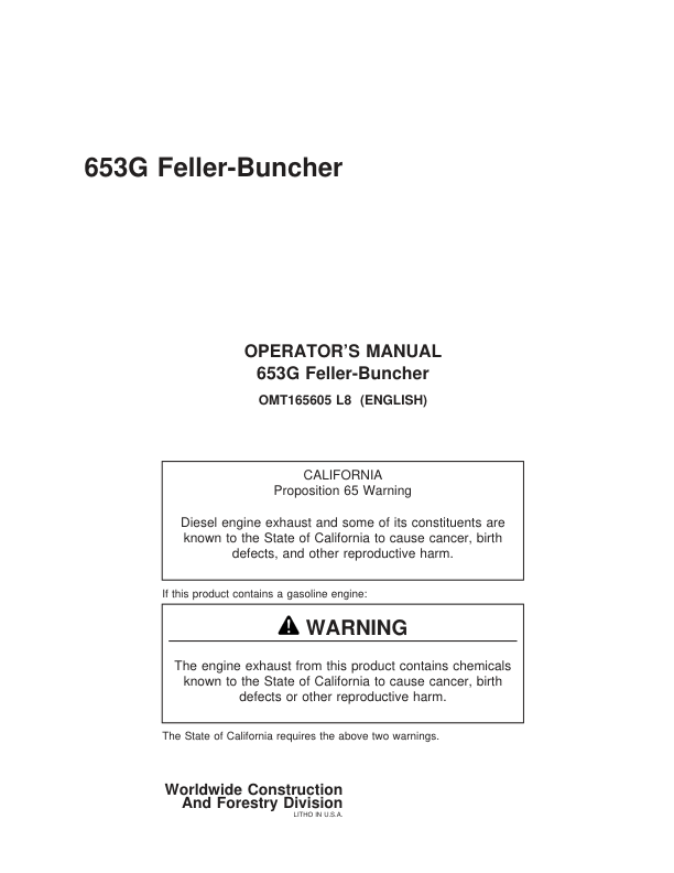 John Deere 653G Tracked Feller Bunchers Operator's Manuals (OMT165605)