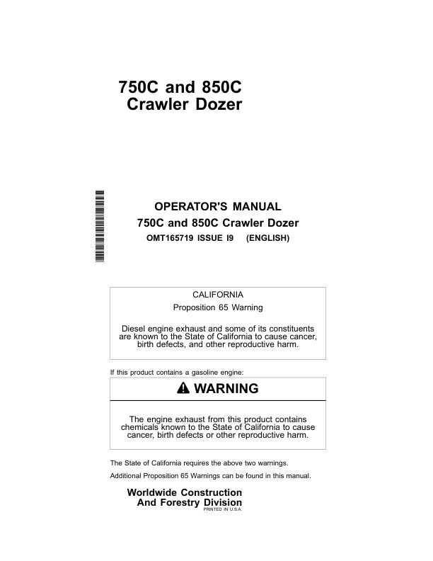 John Deere 750C, 850C Crawler Dozers Operator's Manuals (OMT165719)