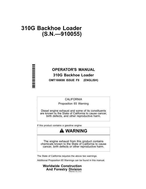 John Deere 310G Backhoes Operator's Manuals (OMT166698)