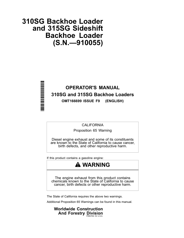 John Deere 310SG, 315SG Backhoe Loaders Operator's Manuals (OMT166699)