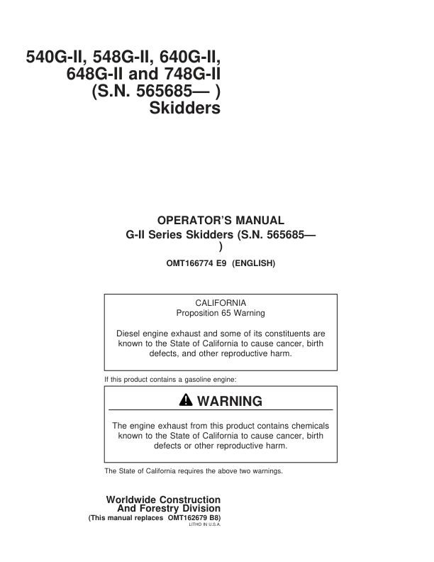 John Deere 540GII, 548GII, 640GII, 648GII, 748GII Skidders Operator's Manuals (OMT166774)