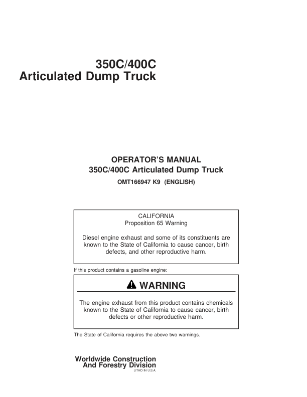 John Deere 350C, 400C Articulated Dump Trucks Operator's Manuals (OMT166947)