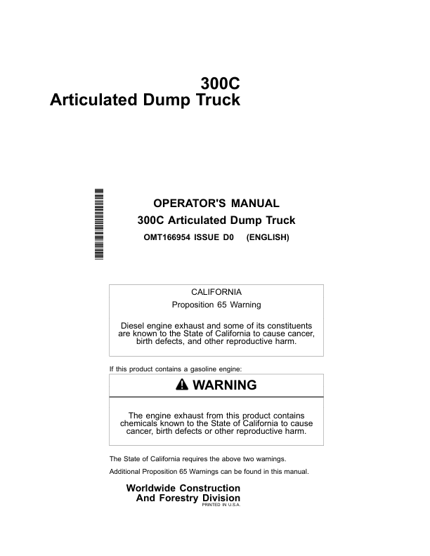 John Deere 300C Articulated Dump Trucks Operator's Manuals (OMT166954)
