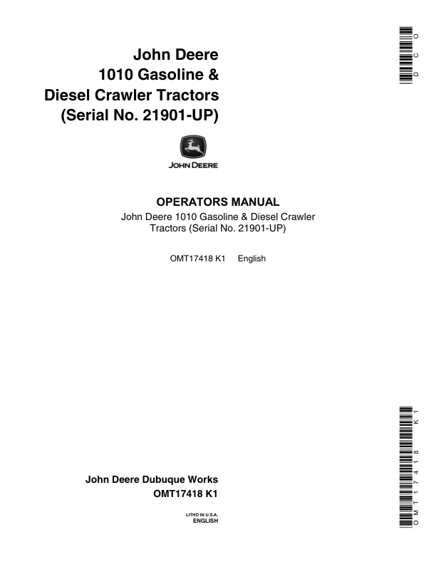 John Deere 1010 Gas/Diesel Crawler Tractors (021901-) Operator's Manual (OMT17418)