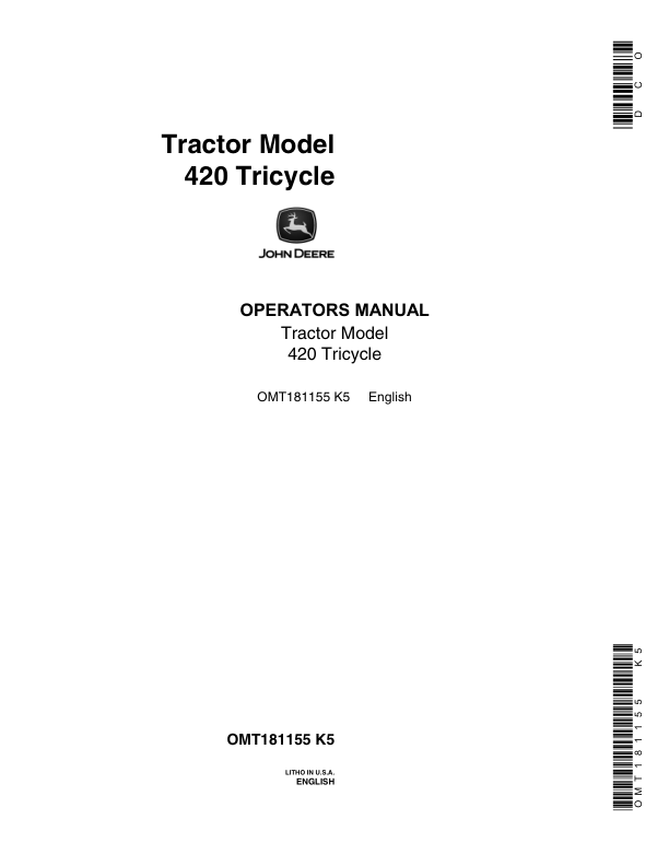 John Deere Tractor Model 420 Tricycle Operator's Manual (OMT181155)