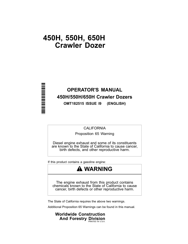 John Deere 450H, 550H, 650H Crawler Dozers Operator's Manuals (OMT182515)