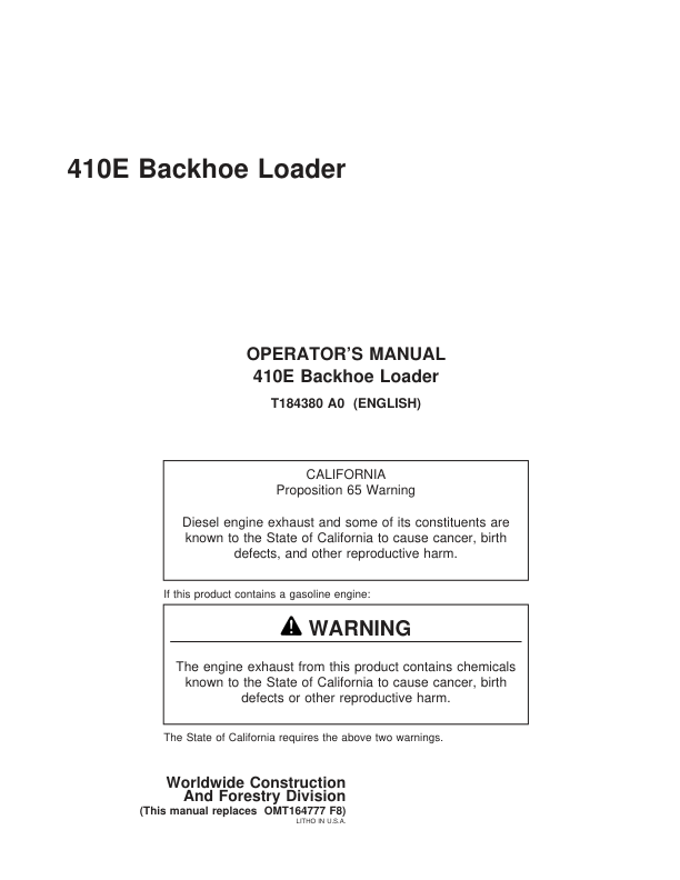 John Deere 410E Backhoes Operator's Manuals (OMT184380)
