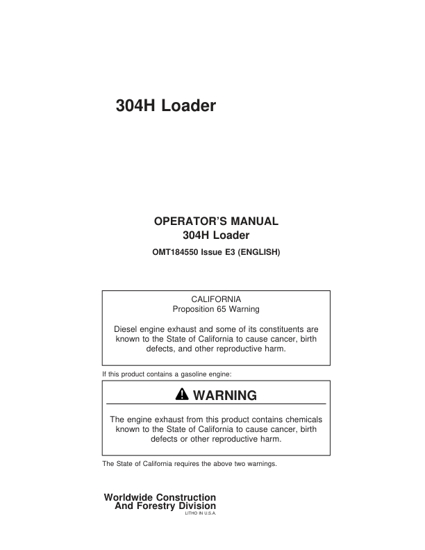 John Deere 304H Loaders Operator's Manuals (OMT184550)