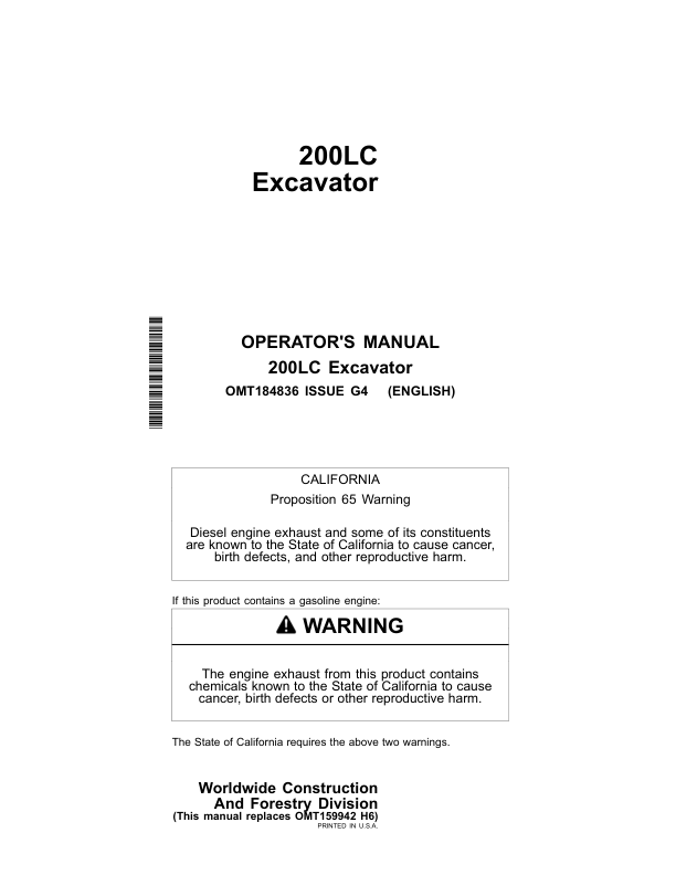 John Deere 200LC Excavators Operator's Manuals (OMT184836)