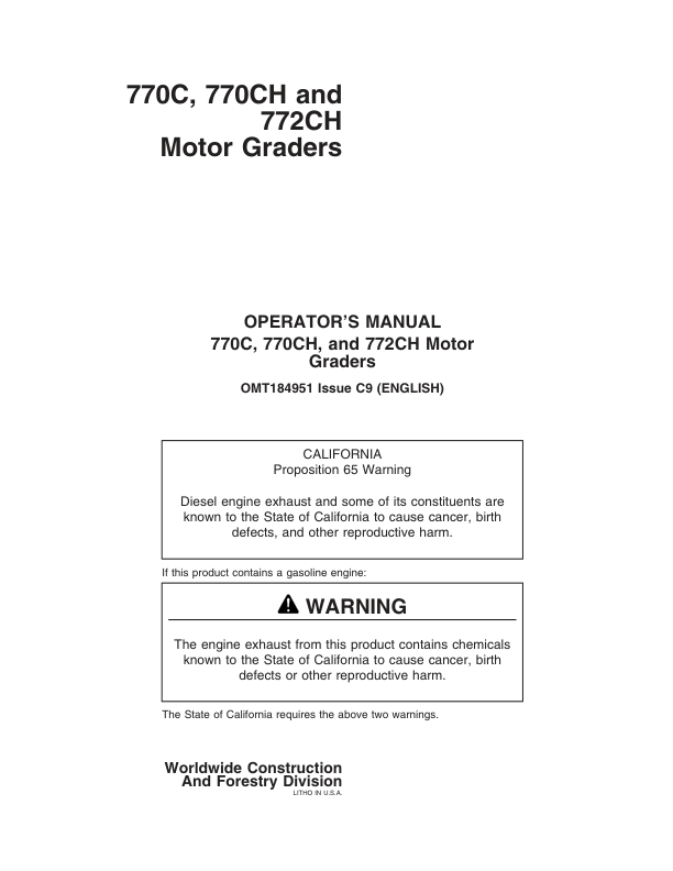 John Deere 770C, 770CH, 772CH Motor Graders Operator's Manuals (OMT184951)