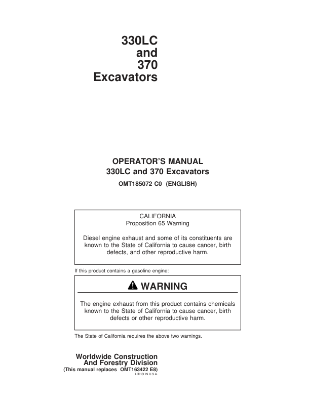 John Deere 330LC, 370 Excavators Operator's Manuals (OMT185072)
