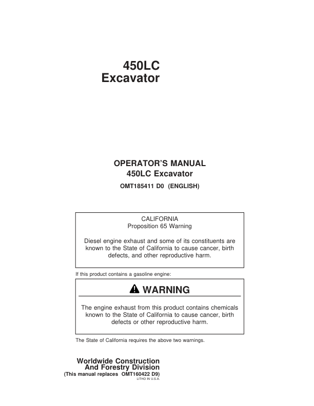 John Deere 450LC Excavators Operator's Manuals (OMT185411)