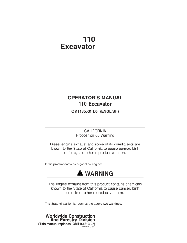 John Deere 110 Excavators Operator's Manuals (OMT185531)
