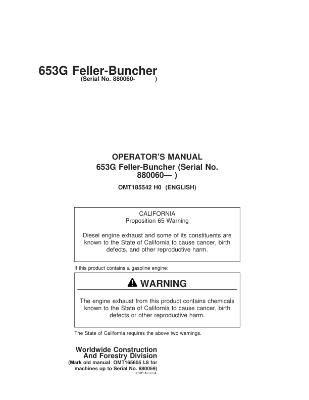 John Deere 653G Tracked Feller Bunchers Operator's Manuals (OMT185542)