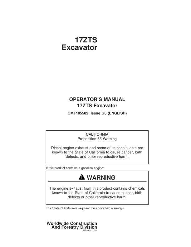 John Deere 17ZTS Excavators Operator's Manuals (OMT185582)
