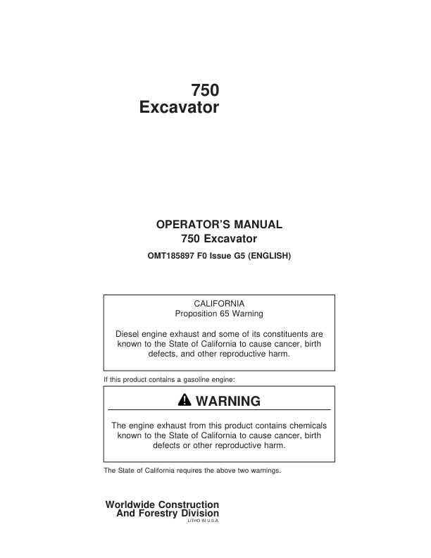 John Deere 750 Excavators Operator's Manuals (OMT185897)