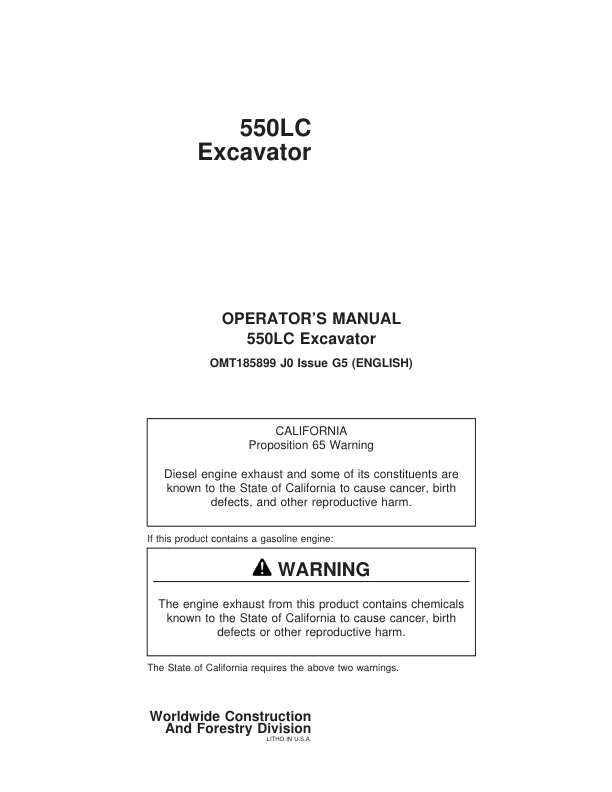 John Deere 550LC Excavators Operator's Manuals (OMT185899)