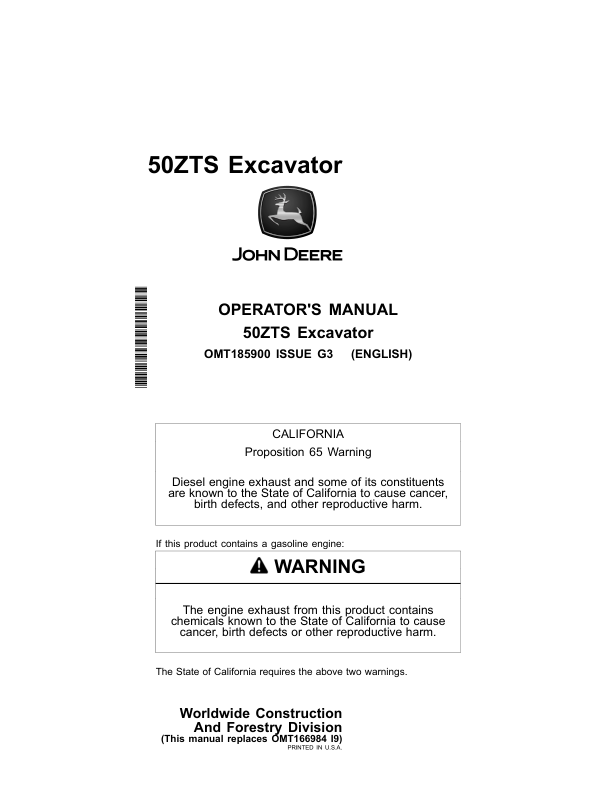John Deere 50ZTS Excavators Operator's Manuals (OMT185900)
