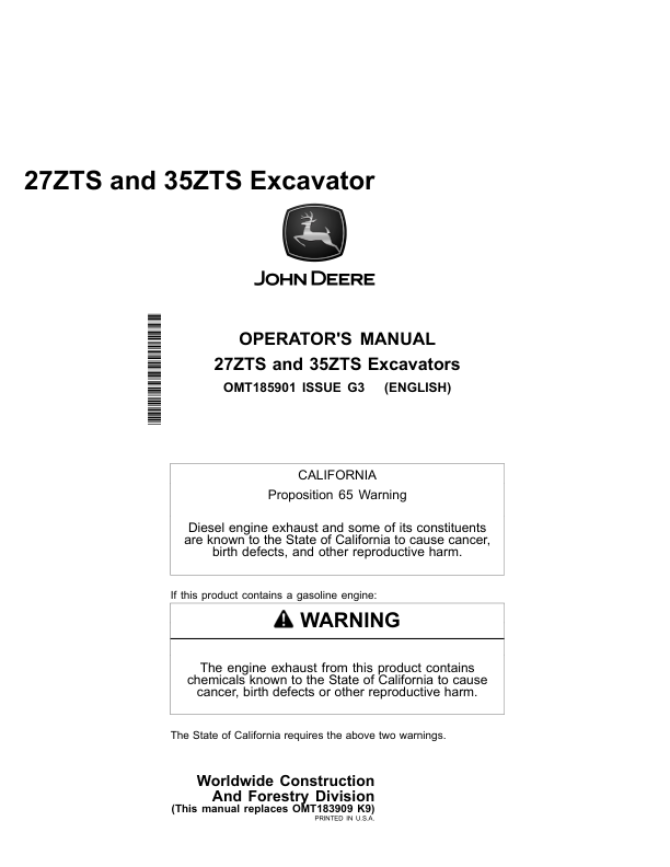 John Deere 27ZTS, 35ZTS Excavators Operator's Manuals (OMT185901)