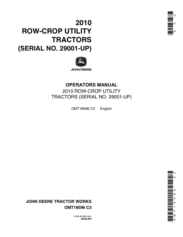 John Deere 2010 Row Crop Utility Tractors (029001-) Operator's Manual (OMT18596)