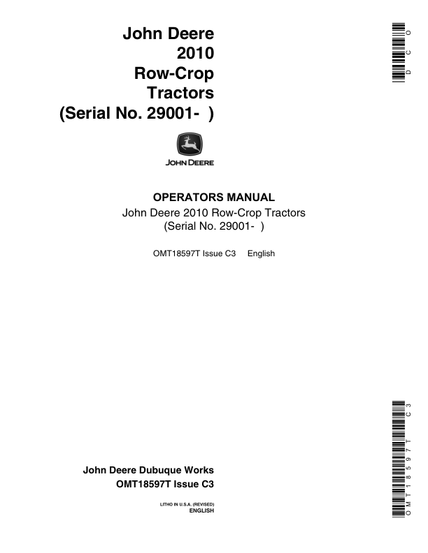 John Deere 2010 Row Crop Tractors (029001-) Operator's Manual (OMT18597T)
