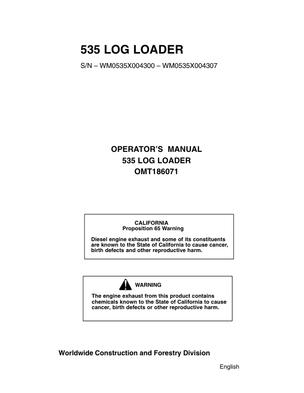 John Deere 535 Knuckleboom Loader Operator's Manuals (OMT186071)