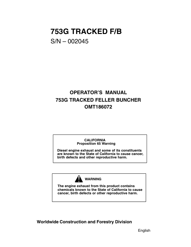 John Deere 753G Tracked Feller Bunchers Operator's Manuals (OMT186072)