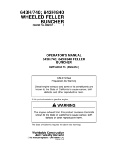 John Deere 643H, 843H, 740, 840 Wheeled Feller Bunchers Operator's Manuals (OMT186093)