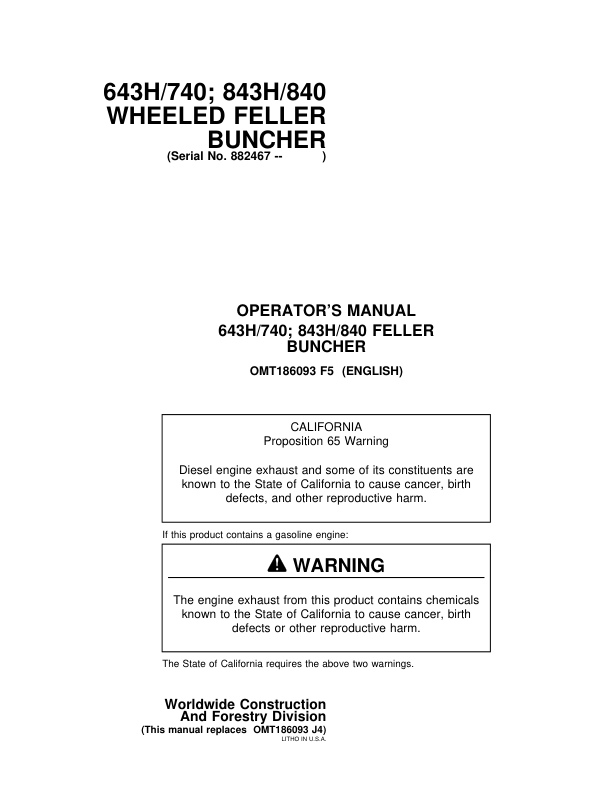 John Deere 643H, 843H, 740, 840 Wheeled Feller Bunchers Operator's Manuals (OMT186093)