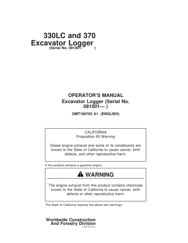 John Deere 330LC, 370 Loggers Operator's Manuals (OMT186763)