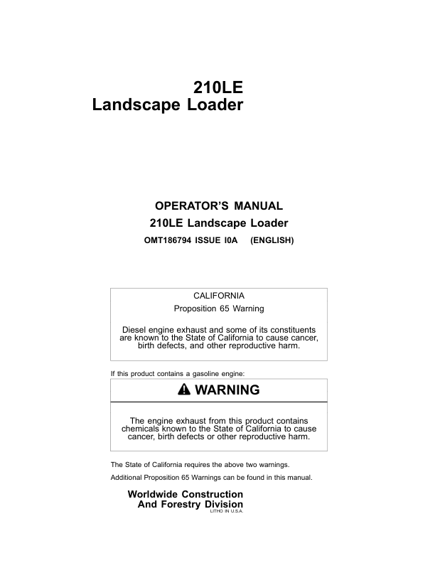 John Deere 210LE Landscape Loaders Operator's Manuals (OMT186794)