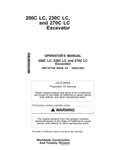 John Deere 230CLC, 200CLC, 270CLC Excavators Operator's Manuals (OMT187348)