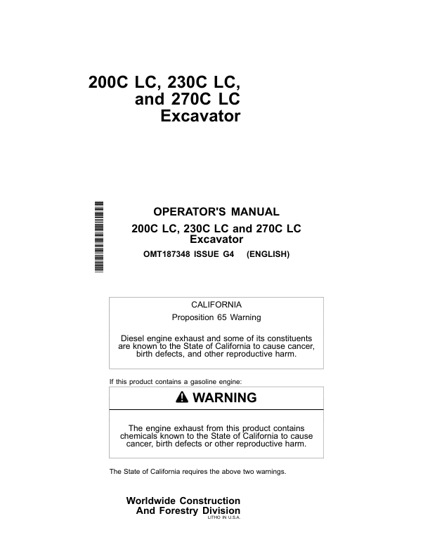 John Deere 230CLC, 200CLC, 270CLC Excavators Operator's Manuals (OMT187348)