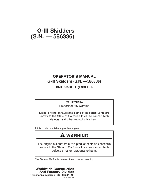 John Deere 540GIII, 640GIII, 548GIII, 648GIII, 748GIII Skidders Operator's Manuals (OMT187598)