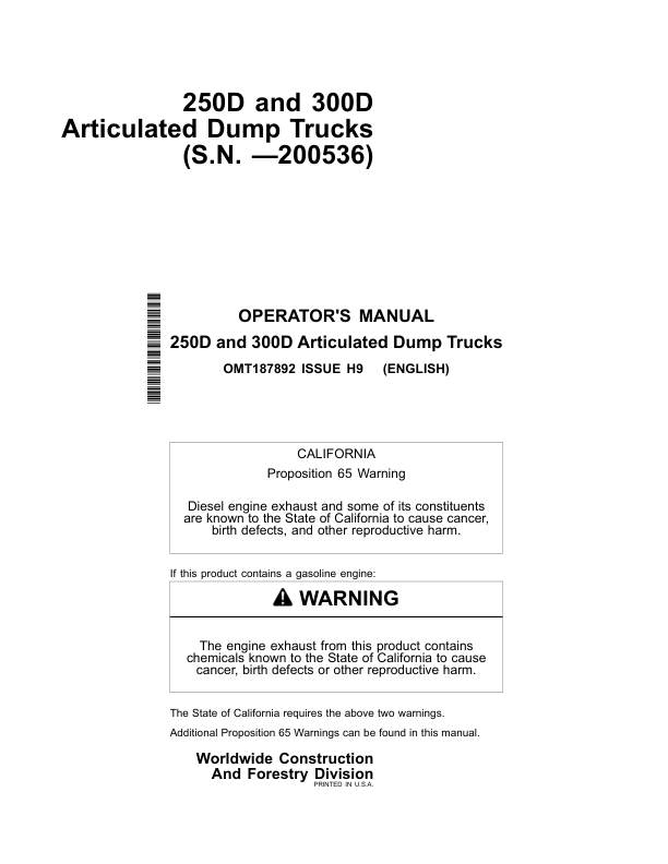 John Deere 250D, 300D Articulated Dump Trucks Operator's Manuals (OMT187892)