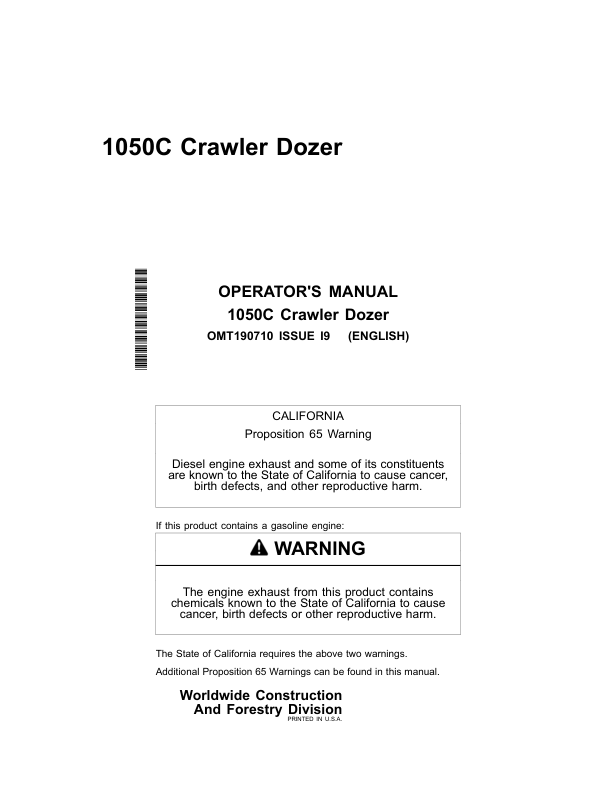 John Deere 1050C Crawler Dozers Operator's Manuals (OMT190710)