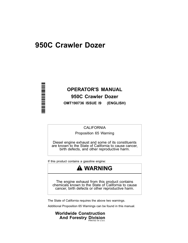 John Deere 950C Crawler Loaders Operator's Manuals (OMT190736)