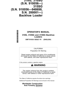John Deere 310G, 310SG, 315SG Backhoe Loaders Operator's Manuals (OMT191038)