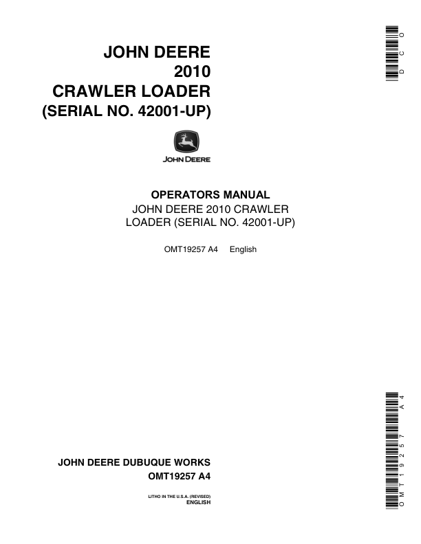 John Deere 2010 Crawler Loader (042001-) Operator's Manual (OMT19257)