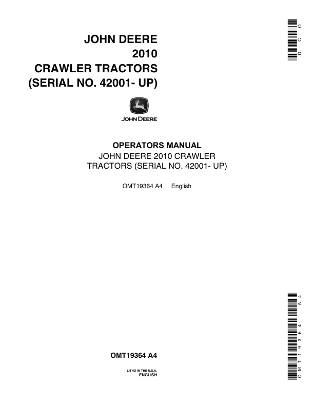 John Deere 2010 Crawler Tractors (042001-) Operator's Manual (OMT19364)