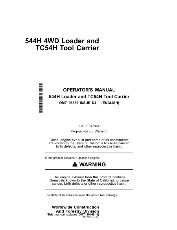John Deere 544H, TC54H Loaders Operator's Manuals (OMT195359)
