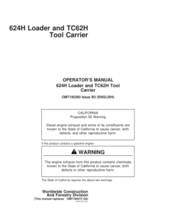 John Deere 624H, TC62H, TC 624HLL Loaders Operator's Manuals (OMT195360)