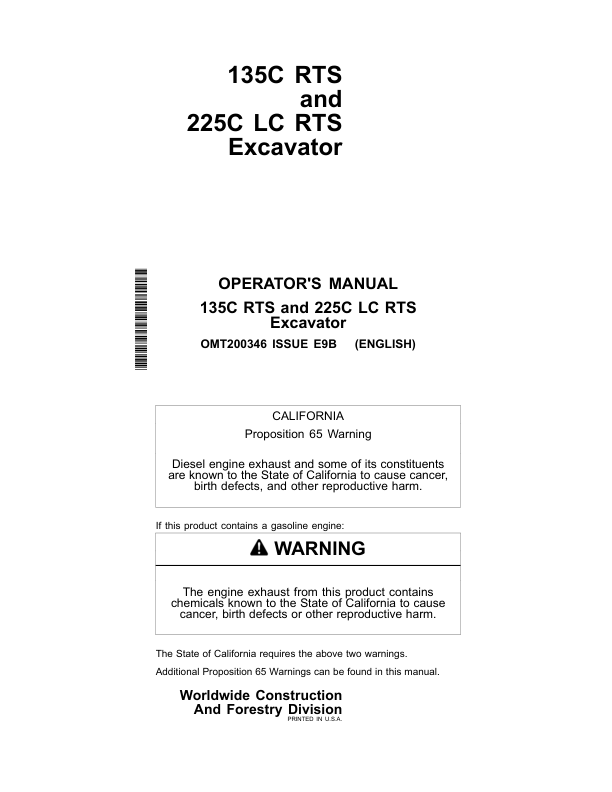 John Deere 135C RTS, 225CLC RTS Excavators Operator's Manuals (OMT200346)