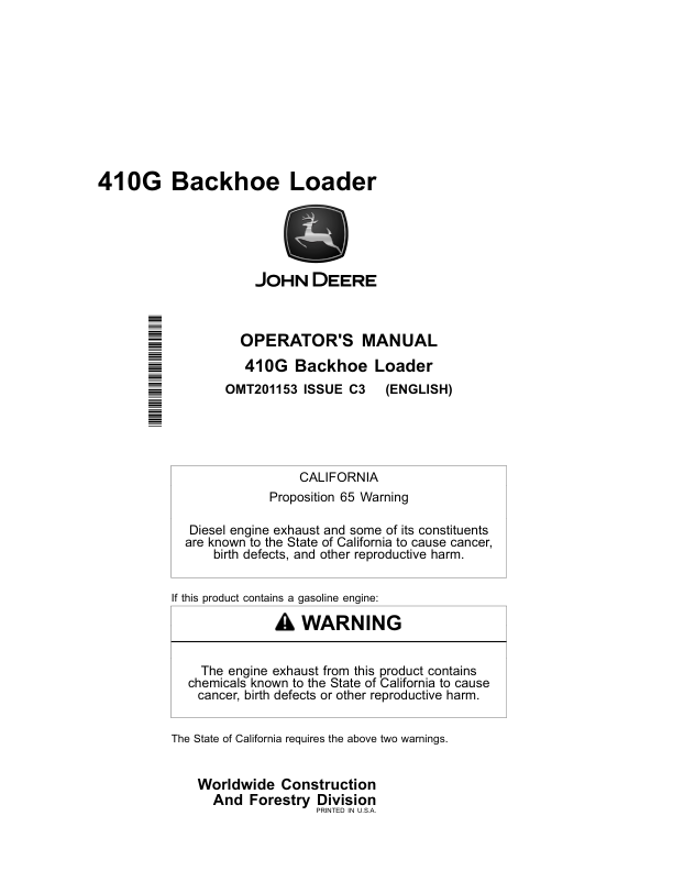 John Deere 410G Backhoes Operator's Manuals (OMT201153)