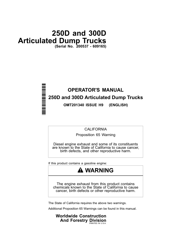 John Deere 250D, 300D Articulated Dump Trucks Operator's Manuals (OMT201340)