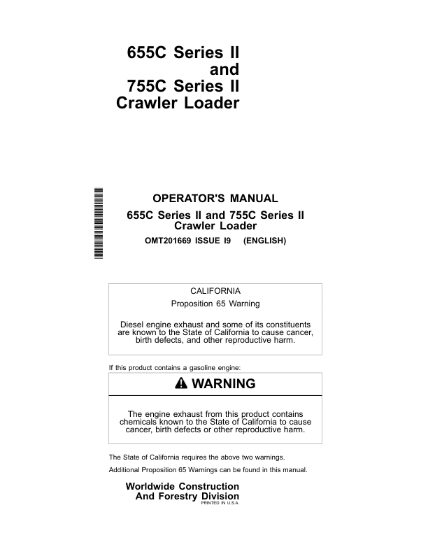John Deere 655CII, 755CII Crawler Loaders Operator's Manuals (OMT201669)