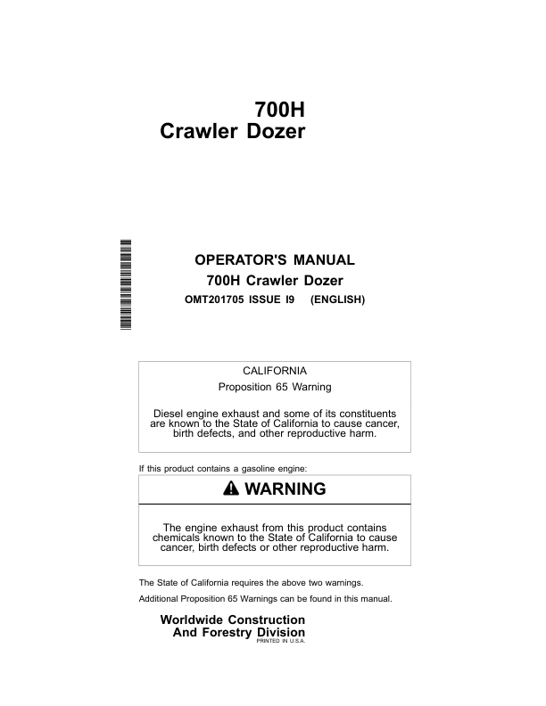 John Deere 700H Crawler Dozers Operator's Manuals (OMT201705)