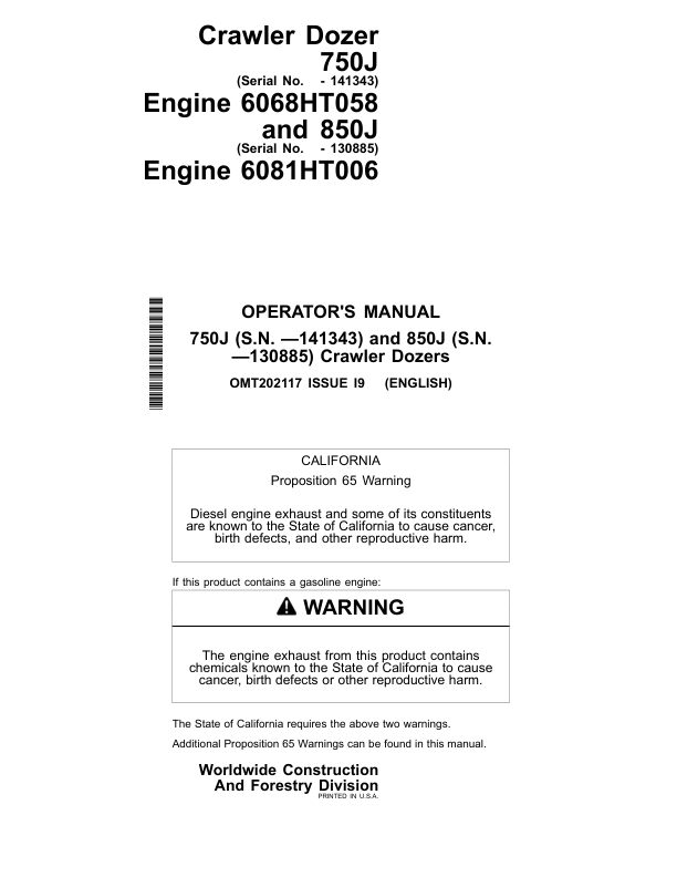 John Deere 750J, 850J Crawler Dozers Operator's Manuals (OMT202117)