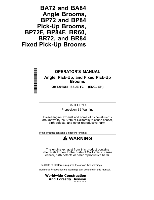 John Deere BA72, BA84, BP72, BP84, BP72F, BP84F, BR72, BR84, BR60 Attachments Operator's Manuals (OMT203587)